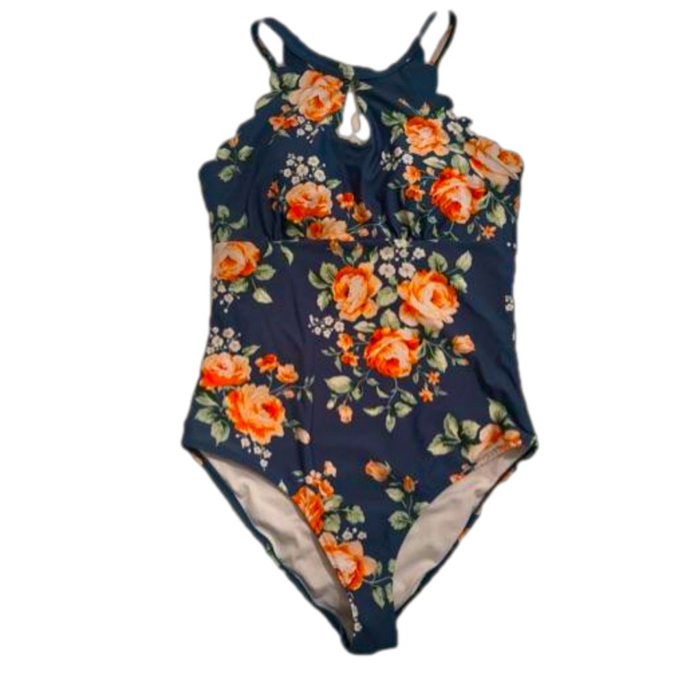 Green floral one piece swimsuit, scallops, padding - Picture 2 of 6